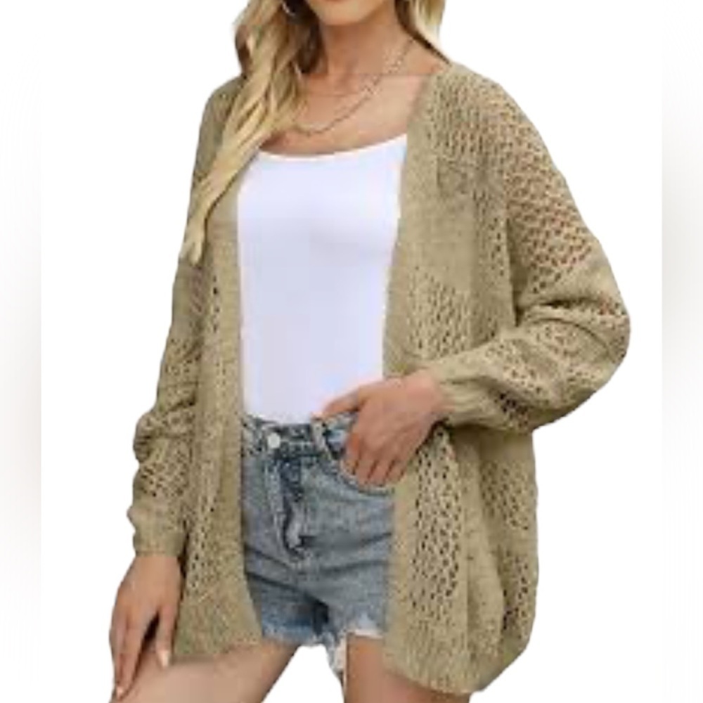 Revamped  olive green boho chic Crotchet knitted mid length open cardigan